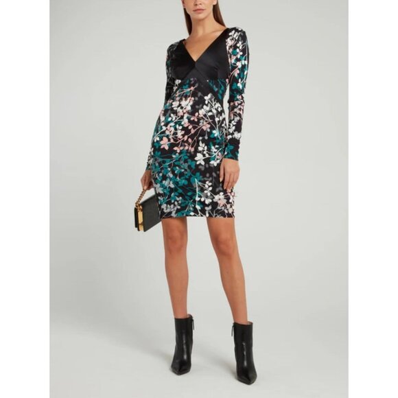 NWT roberto cavalli Dress Leaf Botanical Print Knit V-neck Black Green Pink US 6 - Picture 1 of 16